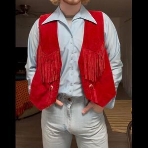 Vintage Desperado Red Suede Leather Fringe Vest with Pockets.
